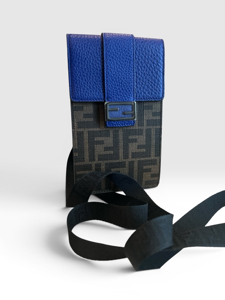 Fendi Ff Zucca Phone Crossbody Bag Blue Leather